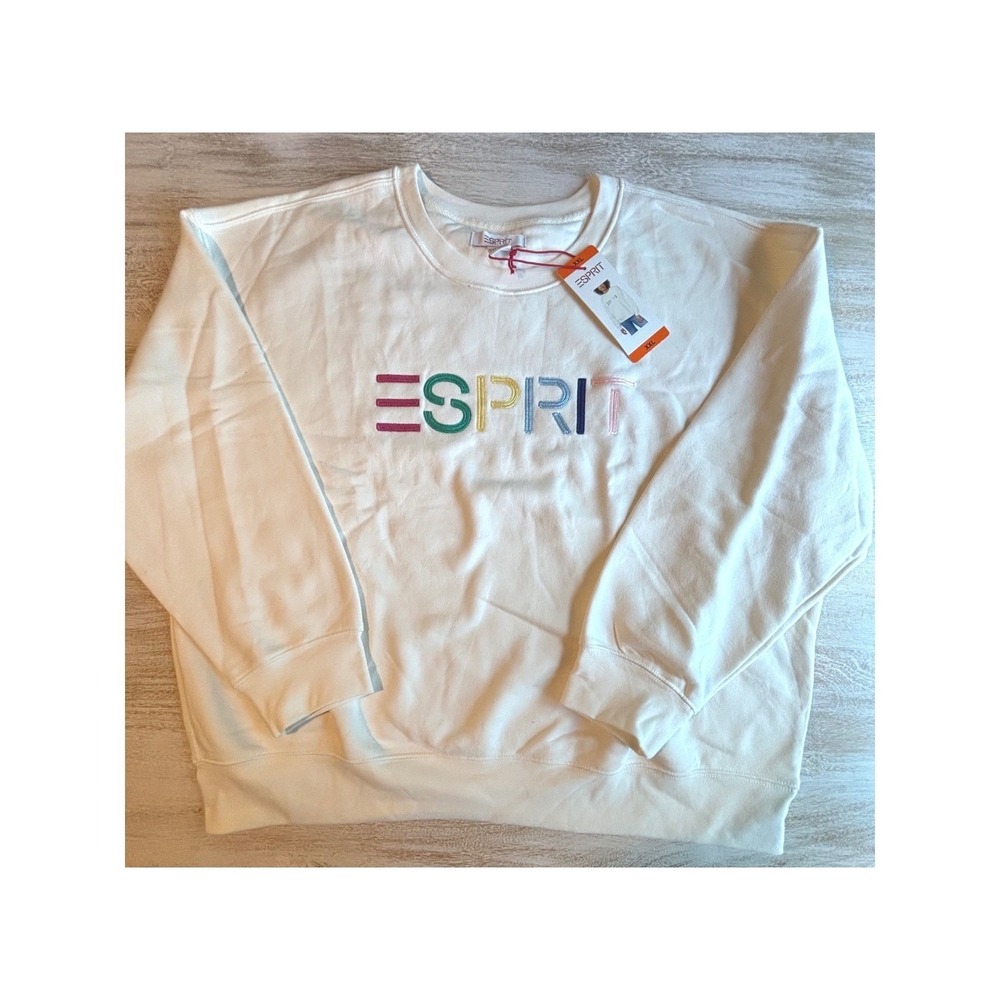 Esprit Size XXL Sweatshirt Women Cream Rainbow Logo Crewneck retro 80s 90s - Picture 3 of 6